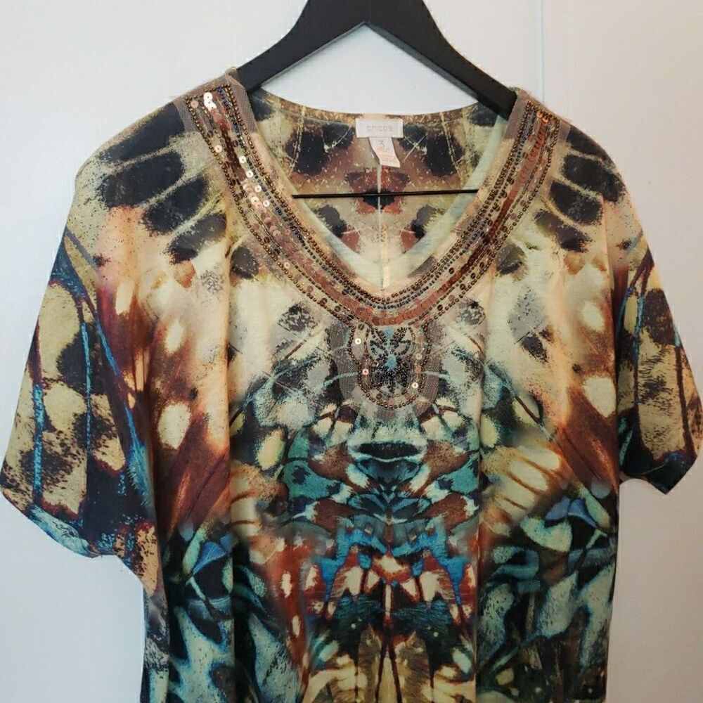Chico's Sequin Short Sleeve Side Tie Blouse Brown Geo Women's 3 (XL) - Picture 2 of 6